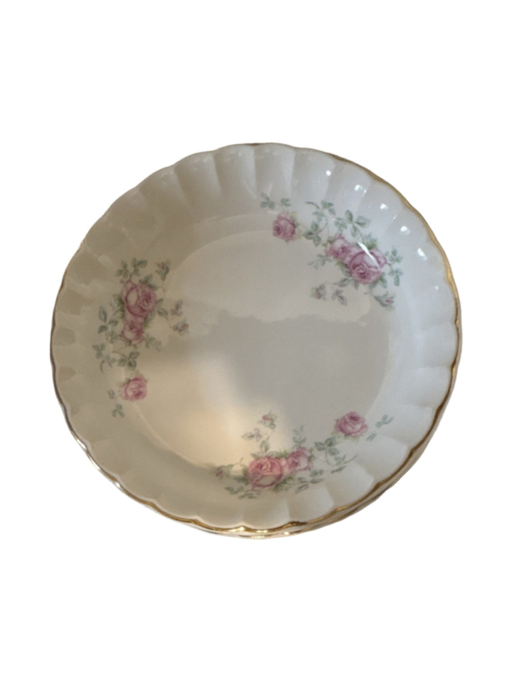 White Round 3 Floral shallow bowls Pink Roses Green Leaves Gold Trim Scalloped